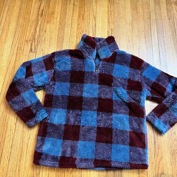 Eddie Bauer Fleece Womens Large Ultra Soft Plush Plaid Quarter Zip Blue Maroon - Picture 1 of 9